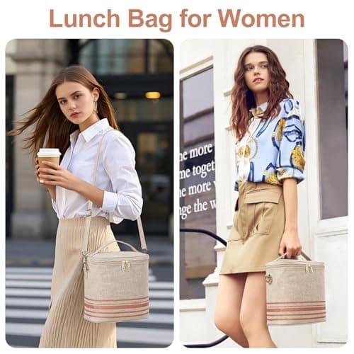 neatlife Lunch Tote Bag for Women, Thermal Bag with Double Zipper Close and adjustable shoulder strap, Insulated Cooler Bag for Work, Travel & Picnic (Golden Stripe) - Thumbnail 4