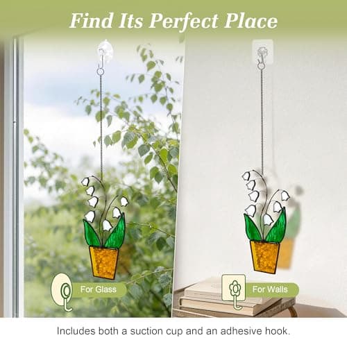 Lily of The Valley Stained Glass Suncatcher - Classic Tiffany Style, 8 Inch Real Handmade Glass with Copper Foil, Natural Black Edged Window Hanging, Gift for Plant Lovers, Mom, Grandma - Thumbnail 5