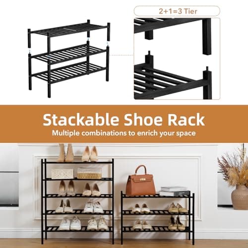 Buymoth 3 Tier Bamboo Shoe Rack Storage Organizer for Closet, Multifunctional Stackable Free Standing Shoe Shelf Organizer for Small Space,Entryway,Hallway,Bathroom 27"x11"x20" (Black, 3 Tier) - Thumbnail 4