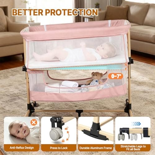 Baby Bassinet Bedside Sleeper, 3-in-1 Bedside Bassinet, 5 Height Adjustable Rocking Baby Crib, Breathable Full Mesh, Mosquito Net, Storage Basket, Stable and Secure Bassinets for Newborn (Pink) - Thumbnail 6