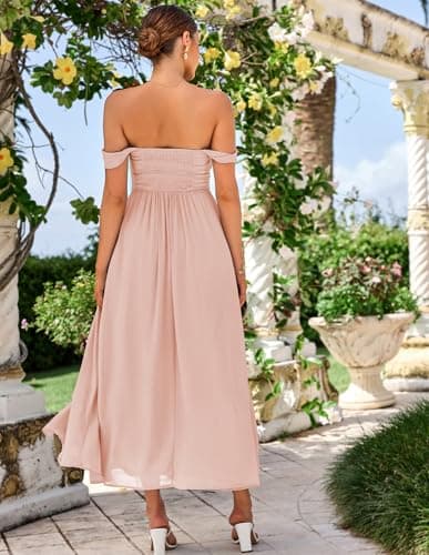 GRACE KARIN Summer Pink Apricot Dress for Women 2026,Off the Shoulder Smocked Bridesmaid Dresses,Formal Baby Shower Maxi Dresses XXL - Thumbnail 5