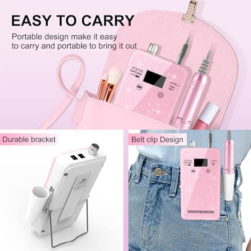 Professional Electric Nail Drill File:COSYGLOW Glitter Portable Cordless E-File Nail Drill Kit with 11 Drill Bits,30000 RPM Rechargeable Nail Drills Machine for Acrylic Nails Gel Polishing (Pink) - Thumbnail 5