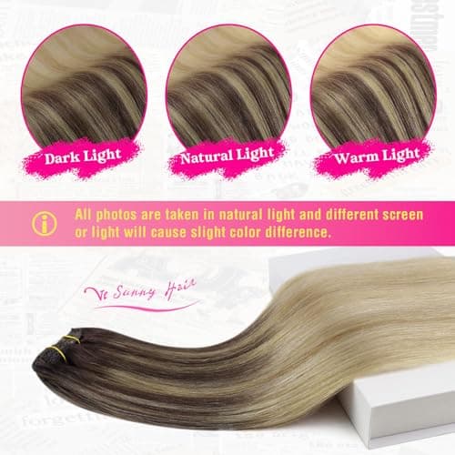 Ve Sunny Real Hair Extensions Clip in Human Hair Brown Ombre Golden Blonde Hair Extensions Clip ins Balayage Platinum Blonde Remy Human Hair Short Straight 12 Inch 85g 5pcs - Thumbnail 5