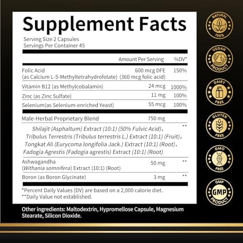 M inch Shilajit for Men, 10-in-1 Booster for Men - Stamina, Vitality & Strength Booster, Male Enhancing Supplement with Ashwagandha, Tong*kat Ali & Tri*bulus Terrestris Extract, 90 Vegan Capsules - Thumbnail 2