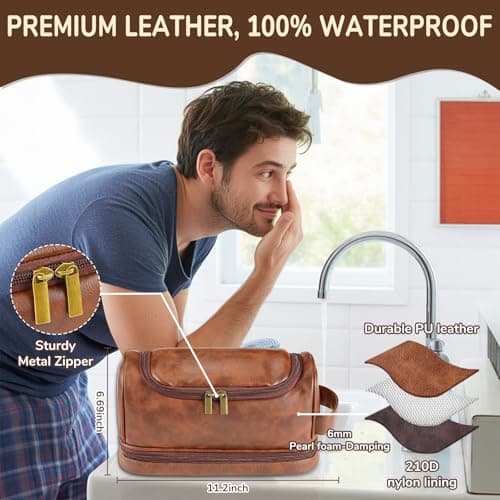 Personalized Toiletry Bag for Men - Custom Large Leather Dopp Kit with Engraved Name & Text, Personalized Gift for Groomsmen, Husband, Dad, Boyfriend, Birthday or Christmas Gifts for Men - Thumbnail 3