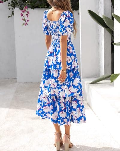 BTFBM Womens Square Neck Smocked Dress Summer Puff Short Sleeve Floral Casual Ruffle Tiered Maxi Wedding Guest Dresses(Floral Blue White, Small) - Thumbnail 3