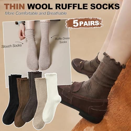 BISOUSOX Thin Merino Wool Ruffle Boot Socks Warm Winter Cozy Frilly Soft Casual Breathable Socks for Womens 5 Pairs - Thumbnail 3