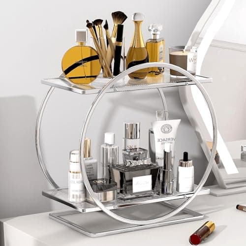 YIWANFW Perfume Organizer for Bedroom Dresser- Sliver Makeup Organizers for Vanity, 2 Tier Bathroom Countertop Organizer Perfume Tray Skincare Storage Cosmetic Display Rack, Make Up Counter Shelf - Image 1