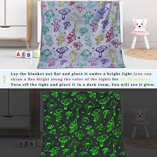 Gdindff Glow in The Dark Mushroom Blanket Easter, Mushroom Gifts for Women Girls, Easter Basket Stuffers for Kids Teens, Cute Cottagecore Mushrooms Room Decor, Soft Cozy Fleece Throw 50"x60" - Thumbnail 6