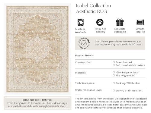 HUGEAR Area Rugs 3x5 Machine Washable Vintage Beige Brown Living Room Rug Throw Carpet Non Slip Stain Resistant Low Pile for Office Home Retro Aesthetic Modern Decor - Thumbnail 3