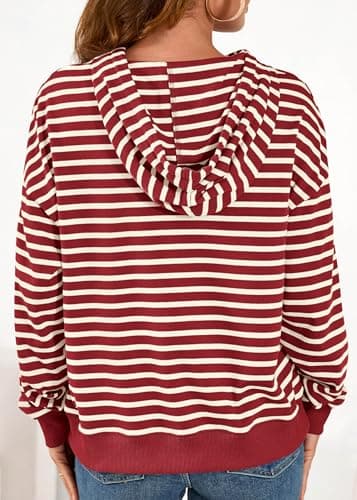 KIRUNDO Sweatshirt For Women Casual Loose Striped Long Sleeve Drawstring Hoodie Pullover Hooded Tops Fashion Clothing(Red, Medium) - Thumbnail 2