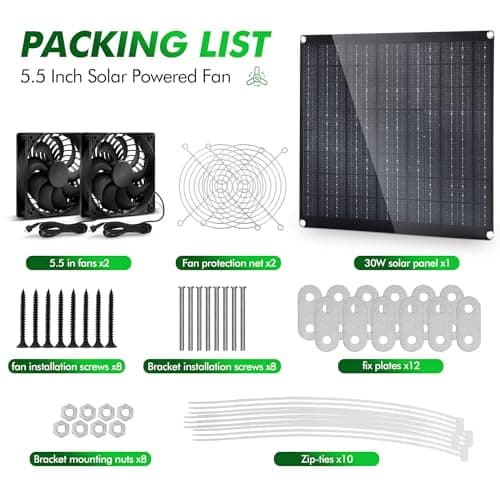 5.5" Solar Fan, Solar Panel Fan, 30W Solar Powered Fan with Dual IPX7 Waterproof Fans for Outside Chicken Coops, Greenhouses, Sheds, Intake or Exhaust Air Fan, Solar Ventilation Fan, Solar Exhaust Fan - Thumbnail 5