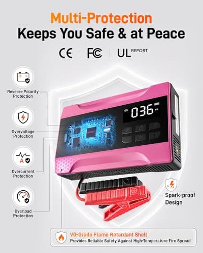 WOLFBOX 2000A Jump Starter with Air Compressor, 37Wh Car Battery Booster Jumper Starter Portable(up to 5L Gas Engine), 12V Jump Box Pack with 150PSI Tire Inflator, Jumper Cables, LED Light — Hot Pink - Thumbnail 4