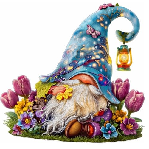 Wooden Puzzle for Adults 500 Piece, Dreamy Gnome Jigsaw Puzzle for Adults, 5MM Thick Unique Shape Wooden Jigsaw Puzzles, Challenging Spring Garden Flower Gnome Puzzles for Family Game Night 17*16.5in - Image 1
