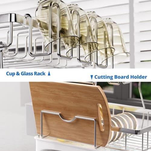 Godboat Dish Drying Rack, 2-Tier Dish Rack with Auto-Drain & Mat, 304 Stainless Steel Dish Racks for Kitchen Counter, Dish Drainer with Knife, Fork & Cup Rack, Gifts for Women, Mothers Day, Silver - Thumbnail 6