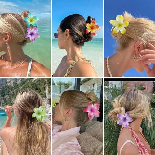 Flower Hair Clips 6 PCS Hawaiian Claw Clips for Vacation Hibiscus Hair Claw Clips Cute Large Hair Clips for Thick and Thin Hair Plumeria Hair Accessories for Women Girls -Petal - Thumbnail 6