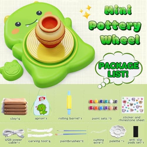 Skirfy Mini Pottery Wheel Kit for Beginners Kids,Electric Ceramic Wheel with Foot Pedal&Painting Kit, Adjustable Speed,Clay Spinner DIY Tools for Art Craft Birthday (Green Dinosaur) - Thumbnail 2