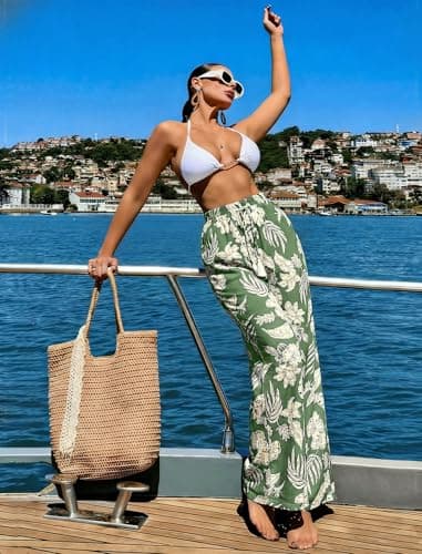 LOOKBOHO Women's Wide Leg Palazzo Lounge Pants Casual Comfy High Waist Palazzo Pants with Pockets Green Floral XL - Thumbnail 3