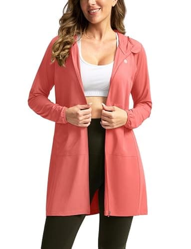 Women's UPF 50+ Swim Cover Up Sun Protection Hoodie Long Jacket SPF Lightweight Beach Cover Ups for Women(Coral,L) - Image 1