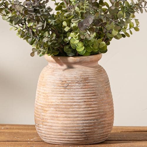 Ceramic Flowers Rustic Vase, Neutral Pottery Farmhouse Vases Home Decor, 7.48" Terracotta Pampas Decorative Vase for Table Entryway Mantel Bookshelf Bedroon Bathroom Living Room - Image 1