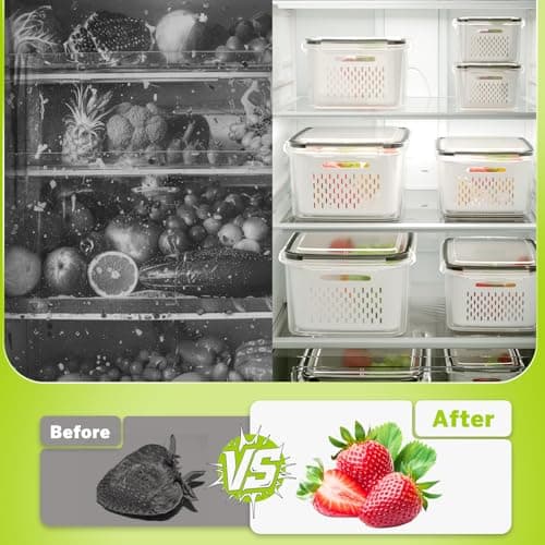HOMETALL 5 Pack Fruit Storage Containers for Fridge, Plastic Fruit Containers for Fridge with Removable Colanders, Leakproof Fridge Organizers and Storage for Berry Vegetable Salad Lettuce Meat Food - Thumbnail 4