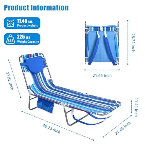 daystar SunnyFeel Beach Lounge Chair, Backpack Reclining Beach Chairs Lay Flat, Face Down Tanning Chair, Folding Camping Chairs Portable Camp Cot with Backpack Straps for Outdoor/Picnic/Lawn - Thumbnail 3