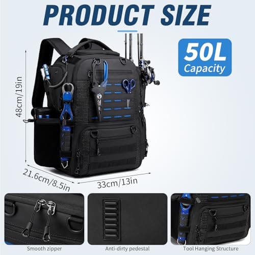 oinitiry Fishing Tackle Backpack with 2 Rod Holders, Multi-Pocket Tactical Bag with Bottle Holder, 50L Large Storage Bag for Fishing Gear and Equipment, Black - Thumbnail 5