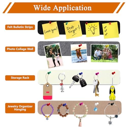 HULAVO 8Pcs Rectangle Felt Cork Board Bar Strips with 35 Pushpins, Self-Adhesive Bulletin Board Strips for Office School Home Wall Decor Stickers Memos Schedules Photos Display -Camel & Grey - Thumbnail 3