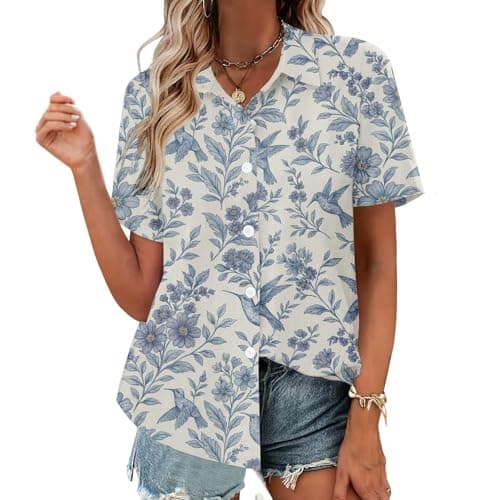 Chicwave Womens Button Down Shirts Blue Bird Floral Short Sleeve Summer Camp Shirts V Neck Blouses Dressy Casual Work Office Vacation Tops - Thumbnail 4