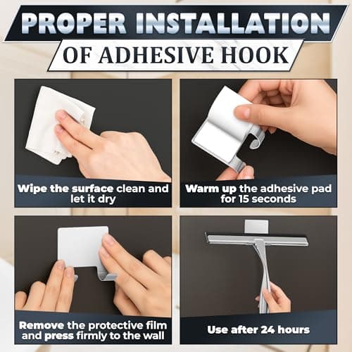 Shower Door Squeegee with Adhesive & Hanging Hooks, 12" Silicone Blade - Stainless Steel All-Purpose Squeegee for Shower Glass, Bathroom Mirror Cleaner Tool Suitable for Tile Walls - Multi-Surface Use - Thumbnail 5