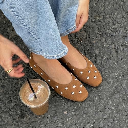 RBTHOLP Studded Flats for Women Suqare Toe Slip on Suede Ballet Flats Comfortable Walking Studs Ballet Shoes Brown - Thumbnail 4