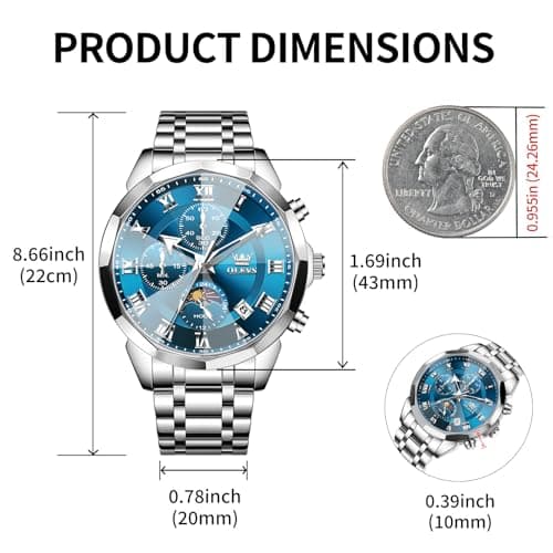 OLEVS Watch Men Luxury Sliver Stainless Steel Dress Waterproof Blue Face Wrist Watches for Men Classic Analog Quartz Moon Phase Chronograph Men Watch Relojes De Hombre - Thumbnail 2