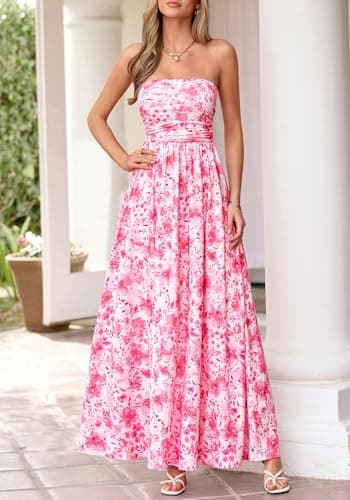 BTFBM Summer Maxi Dresses for Women 2026 Strapless Tube Top Floral Spring Wedding Guest Dress Beach Vacation Outfits(Pink Flower, XX-Large) - Thumbnail 6