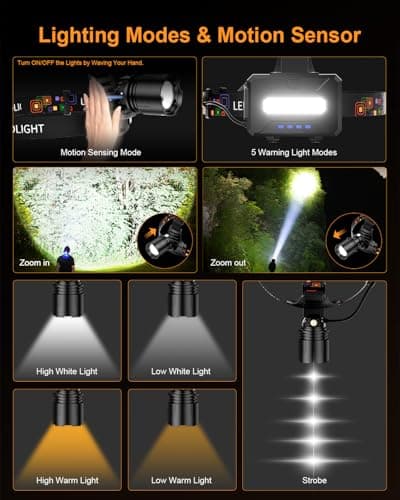 VOLISABER Headlamp Rechargeable with Dual Color Light & Motion Sensor, 1000 Lumen Super Bright Headlamp Flashlight, IPX6 Waterproof Head Light for Forehead for Camping Cycling - Thumbnail 4