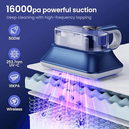 Mattress Vacuum Cleaner Powerful Vibration Handheld Couch Vacuum with UV-C Light and LED Display, HEPA Filter, Versatile Bed Vacuum Cleaner Cordless with Type-C Charging Port for Bed, Sofa, Carpets - Thumbnail 2