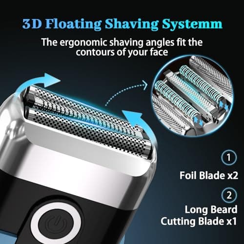 HENZILO Electric Foil Shaver for Men: Mini Electric Razor for Face/Beard - 3 Floating Blades Cordless Razor with LED Display - IPX7 Waterproof Wet Dry Shaving for Travel & Home, USB Type C - Thumbnail 2