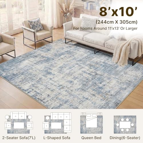 Syrlfar 8x10 Area Rug Living Room Rugs - Washable Rug Large Modern Abstract Soft Thin Carpets Indoor Floor No Slip Vintage Carpet for Bedroom Under Dining Table Nursery Home Office Decor Blue - Thumbnail 2