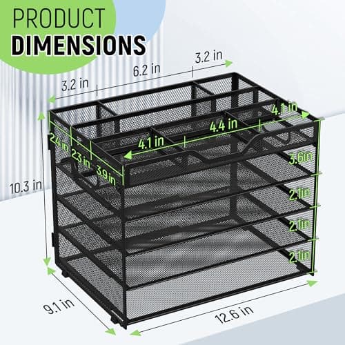 Docnest 5 Tier Mesh Desk Organizer with Adjustable Compartments - Stackable Letter Tray with Built-in Pen Holder & Handles - Desktop File Storage for Office, Home, School Supplies - Black - Thumbnail 3
