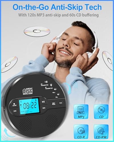 Sunoony Portable CD Player with Bluetooth, Personal CD Player for Car with FM Transmitter, Rechargeable CD Player Portable with Anti-Skip Protection, Headphones, AUX/USB Supported, LCD Display(Black) - Thumbnail 2