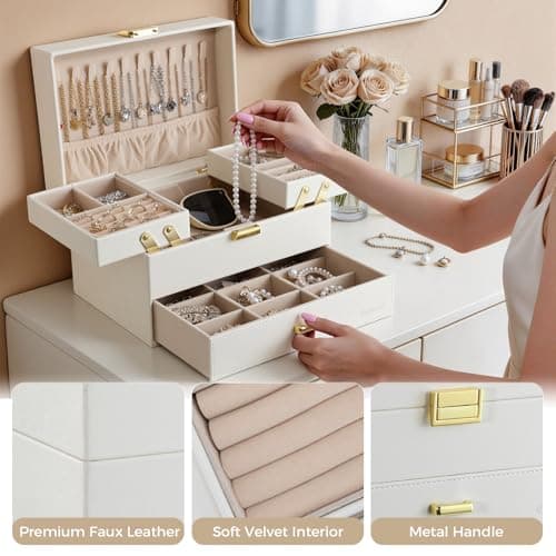 Dajasan Jewelry Organizer Box, Large Jewelry Boxes for Women Girls, Compact 3 Layers Jewelry Storage Case with Drawer, Movable Metal Stand, Modern, Gift Idea (Cloud White + Gold) - Thumbnail 5