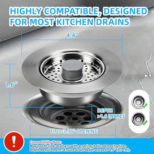 Sink Drain Strainer - Kitchen Sink Stopper, 3 In 1 Kitchen Sink Drain Strainer with Anti-Clogging Basket, Fit US Standard 3-1/2'' Sink Hole - Thumbnail 2