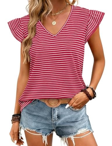 JUSTFASHIONNOW Womens Summer Ruffle Flutter Sleeve V Neck Tops, Soft Casual Striped Versatile Dressy Blouses(Red Stripe Large) - Image 1
