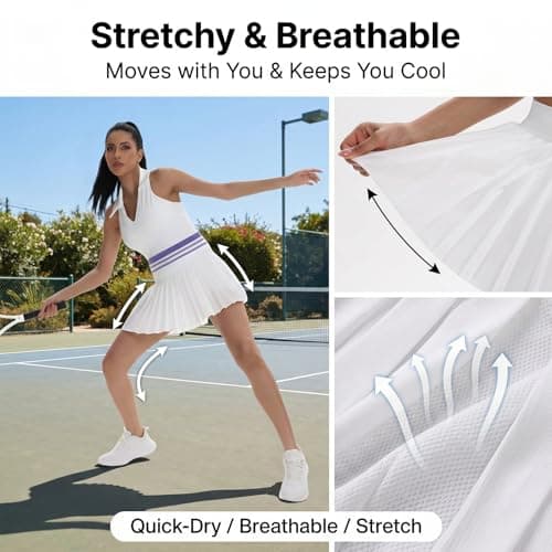 VIPARK Womens Tennis Skirt Set Sleeveless Ribbed Fitted Top and Pleated Mini Skirt with Built in Shorts Pockets Athletic Golf Workout Activewear Outfit White - Thumbnail 4