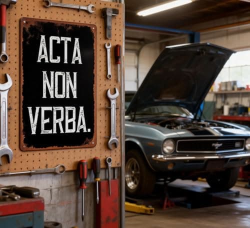 Acta Non Verba Metal Tin Sign – Vintage Black Motivational Wall Decor for Garage, Workshop, Man Cave or Office, Inspirational Action Quote Sign for Men - Thumbnail 2