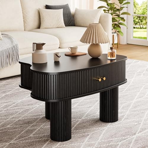 Azaeahom Modern Arc Coffee Table with Storage, Fluted Accent Center Table for Living Room, 3-Legs Coffee Table with Sliding Door, Stable Sofa Center Table (Black) - Image 1