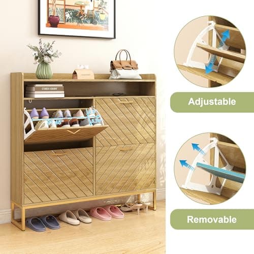 Hadulcet Hidden Shoe Cabinet with 4 Flip Drawers, Long Wood Shoe Storage Cabinet for Entryway Closet, Narrow Freestanding Shoe Rack Organizer w/Adjustable Shelves, Metal Legs, Cupboard, Natural Wood - Thumbnail 4