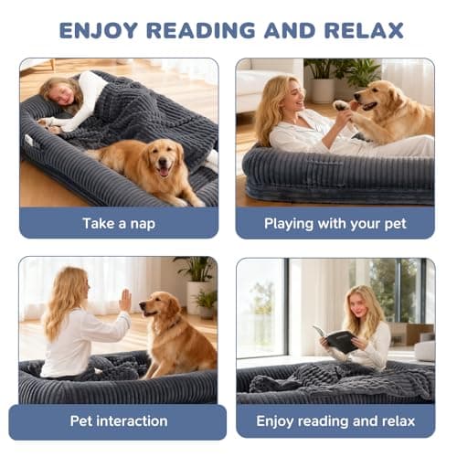 OtterOasis Foldable Human Dog Bed for Adult, 72"x44"x12" Fluffy Faux Fur Human Sized Pet Bed with Blanket, Orthopedic Dog Bed with Egg Foam and Water Proof Liner (Dark Grey (Surround), 72" Length) - Thumbnail 4