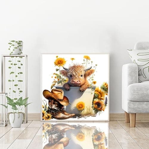 igoodom Cow Diamond Art Kits for Adults, Highland Cow Diamond Art Kits, Full Drill Round Sunflower Diamond Painting Kits, DIY Gem Art and Crafts for Home Wall Decor Gift 14x14inch - Thumbnail 2