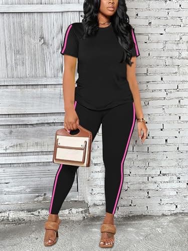 BNGPIKLY Women Summer Two Piece Outfits Striped Short Sleeve Pullover Long Pants Tracksuit Pajama Lounge Set BlackRose M - Thumbnail 3