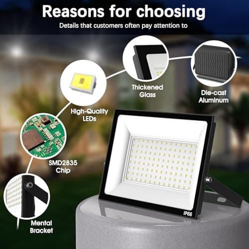 Paideste 50W Flood Light Outdoor: 2 Pack 5000LM Bright LED Plug-in Flood Light, IP66 Waterproof, 100-265V, 6500K Daylight White, Plug-and-Play, Heat Dissipation, Ideal for Yard, Garage, Stadium - Thumbnail 4